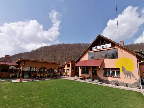 a building with a mural of a wolf on it at Pensiunea Colt Alb in Băile Homorod