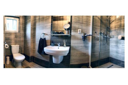 a bathroom with a sink and a toilet at Holiday House Panda in Hřensko