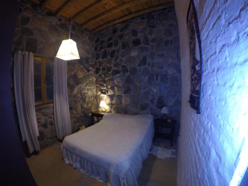 UTU TOCO - casa de piedra en lengua Huarpe في بوتريريلوس: غرفة نوم بسرير وجدار حجري