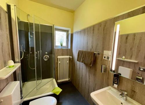 y baño con ducha, aseo y lavamanos. en Hotel Auermühle, en Hamm