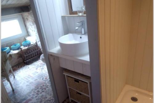 une salle de bain avec un lavabo blanc et une fenêtre dans l'établissement Idéal pour les amoureux de la pierre intérieure, à Palluau