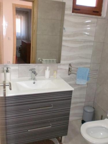 a bathroom with a sink and a mirror and a toilet at Casa do Canto in Macedo de Cavaleiros