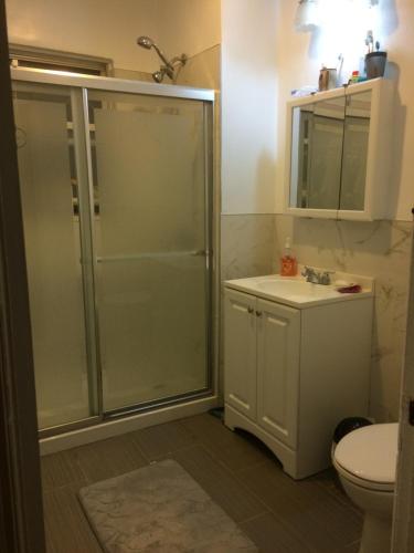 a bathroom with a shower and a sink and a toilet at Classical American House 4 in Brooklyn