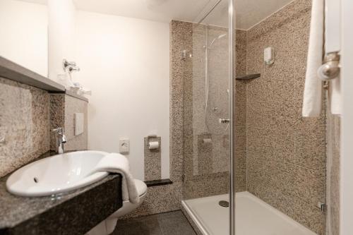 a bathroom with a sink and a shower and a toilet at Hotel & Restaurant Fischer in Altenstadt
