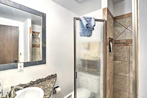 a bathroom with a shower and a sink at Beautiful Breck Townhome with Pool 1 Mi to Main St! in Breckenridge