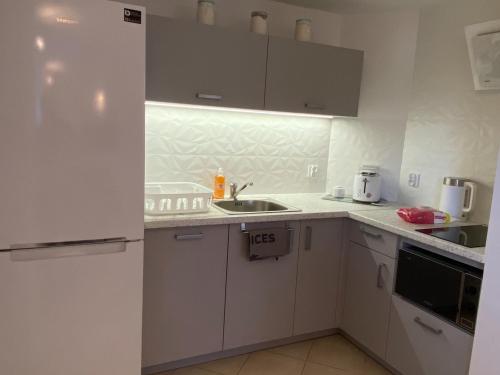 a small kitchen with white cabinets and a sink at Willa Davia in Rewa
