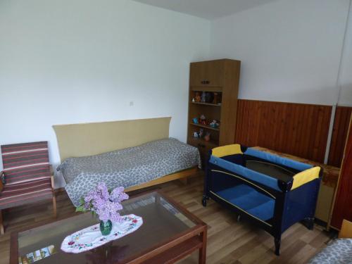 Habitación pequeña con cama, silla y mesa. en ÁGÓC Vendégház, en Alsóberecki