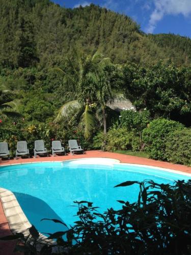 a swimming pool with chairs and a mountain in the background at HUAHINE - Bungalow Pitate in Fare