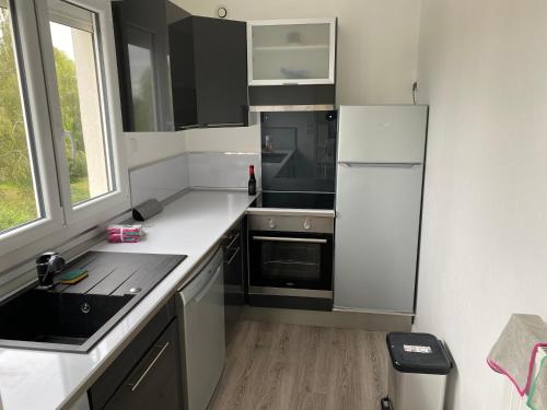 a small kitchen with a sink and a refrigerator at Appartement Parc de Fresnoy in Roye