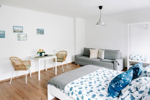 ein Schlafzimmer mit einem Bett, einem Sofa und einem Tisch in der Unterkunft Lake Aluksne studio apartment in Alūksne