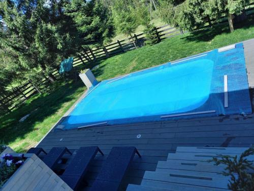 an overhead view of a blue swimming pool at "Шале Олень" in Yablunytsya