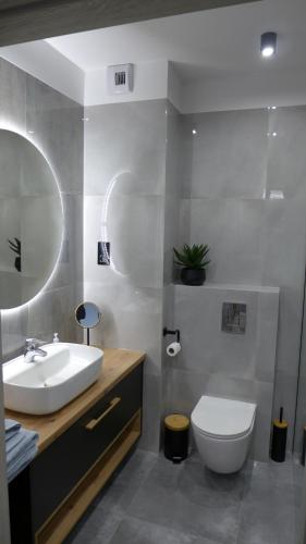 a bathroom with a sink and a toilet and a mirror at APARTAMENT PIOTR in Iława