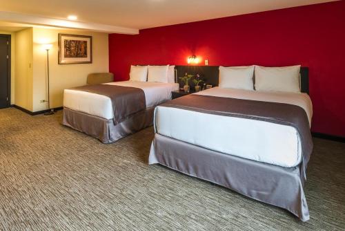 two beds in a hotel room with red walls at Urban Green Hotel & Suites in San José
