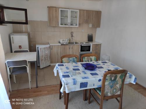 Il comprend une cuisine avec une table, des chaises et une table. dans l'établissement soko-veljkovic-apartman, à Sokobanja