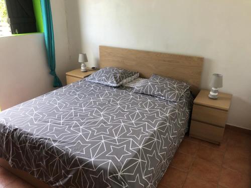a bed with a gray and white comforter and two night stands at TERRE DE BAS :L'île merveilleuse in Terre-de-Bas