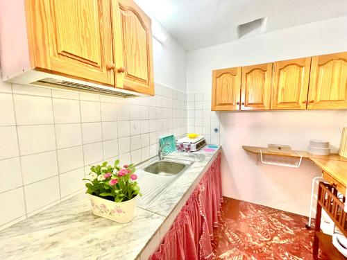 a kitchen with wooden cabinets and a sink at Casa Rural Arturo in Valle Gran Rey