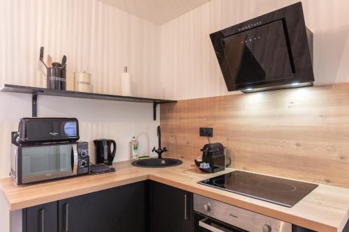 uma cozinha com um balcão com um micro-ondas e um lavatório em Vert d'Hotes - Charming renovated apartment - downtown - WIFI - em Honfleur