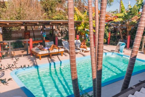 a pool at a resort with palm trees at Hotel Ferrugem Eco Village in Garopaba
