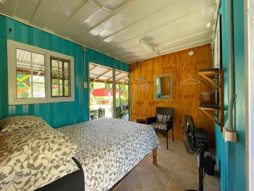 Judy House Backpacker Hostel في Little Bay: غرفة نوم بسرير في غرفة بجدران زرقاء