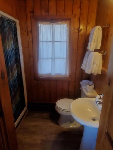 a bathroom with a toilet and a sink and a window at Bayview Lakefront Inn in Saint Ignace