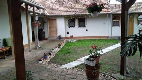 a house with a yard with potted plants in it at Guesthouse Kohári in Egerszalók