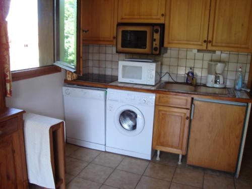 a kitchen with a washing machine and a microwave at Appartement idéal été ou hiver, pour skieurs et promeneurs, 4 personnes in Saint-Gervais-les-Bains