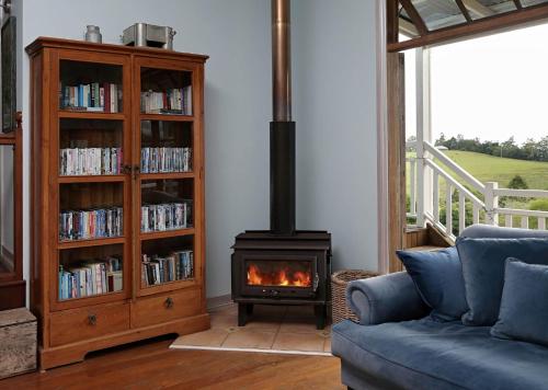 a living room with a fireplace and a book shelf with books at The Spotted Chook and Amelie's Petite Maison in Montville