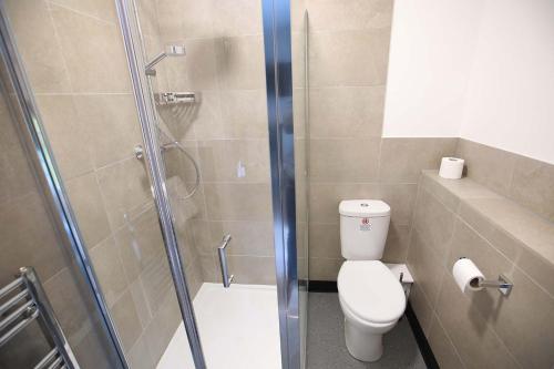 a white toilet sitting next to a shower in a bathroom at Glyn Valley Hotel in Llansantffraid Glyn Ceiriog