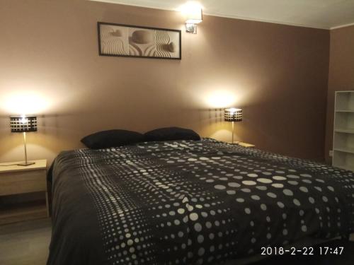 une chambre avec un grand lit avec deux lampes dans l'établissement superbe t2 centre de cognac, à Cognac