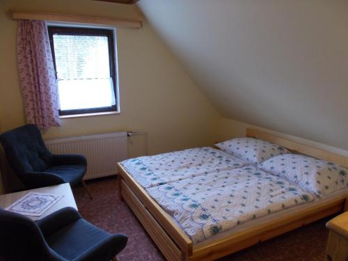 a bedroom with a bed and a chair and a window at pension TARA in Teplice nad Metují