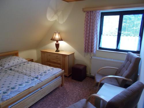 a bedroom with a bed and a chair and a window at pension TARA in Teplice nad Metují