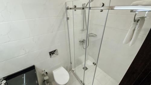 a bathroom with a shower with a toilet at Resident City Hotel in Almaty