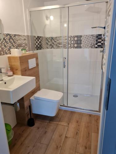 a bathroom with a shower and a toilet and a sink at Pokoje gościnne Anis in Ustka