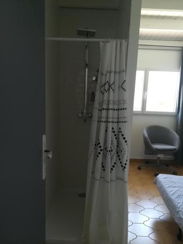 La salle de bains est pourvue d'un rideau de douche. dans l'établissement Cath's place, à Toulon
