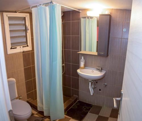 e bagno con lavandino, servizi igienici e doccia. di aris apartment a Nauplia