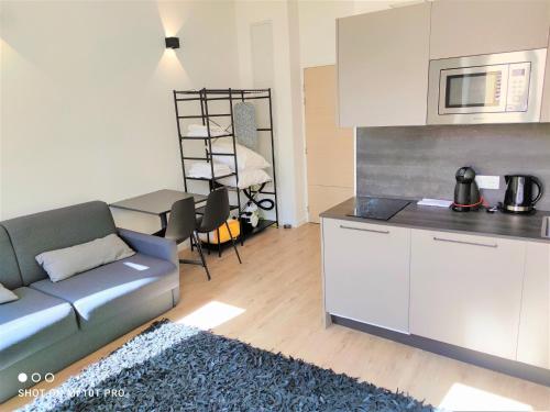un salon avec un canapé et une cuisine dans l'établissement Studio hypercentre 202, à Nice