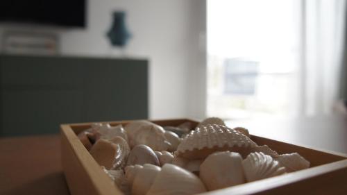 a wooden box filled with shells on a table at Apartamentos Calma Rentals in Torremolinos