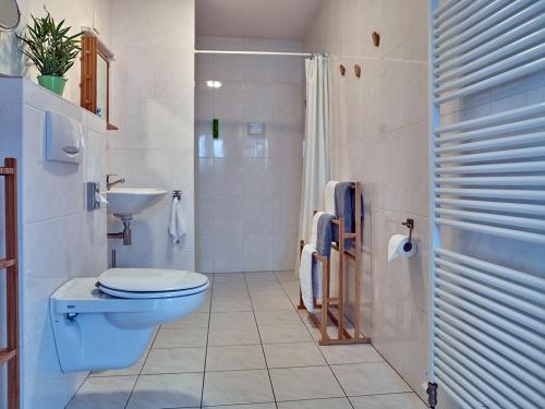 uma casa de banho com um WC azul e um lavatório. em Studio # Het Pauwennest em Den Bosch