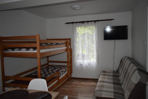 a room with two bunk beds and a television at Oleandria -,,Domek Jeżynka" nr 30 in Biskupiec