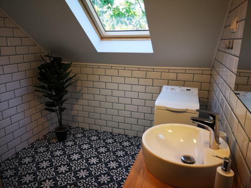 uma casa de banho com um lavatório e um vaso de plantas em No.44 em Balatonfüred
