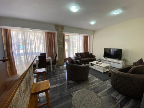 a living room with couches and a flat screen tv at Apartman Jovicevic Pavle in Rijeka Crnojevića