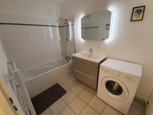 bagno con lavatrice e lavandino di Charmant appartement avec terrasse et jardin au calme Proche Bus Métro a Tolosa