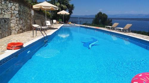 a swimming pool with a dolphin in the water at Mathia Apartments in Mathía