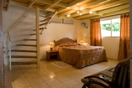 1 dormitorio con 1 cama y escalera de caracol en Villa Kass, en Baie Sainte Anne