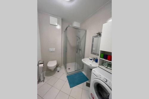 La salle de bains est pourvue d'une douche, de toilettes et d'un lavabo. dans l'établissement Apartment Gema - One bedroom apartment, à Izola