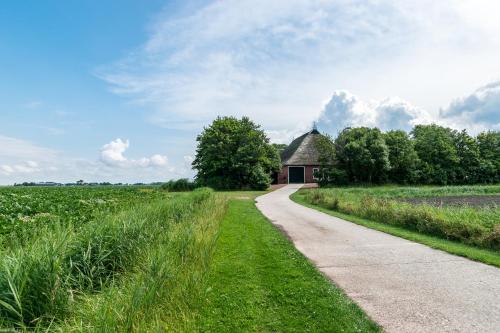 an old building in the middle of a field with a road at B and Be Happy Friesland in Lioessens