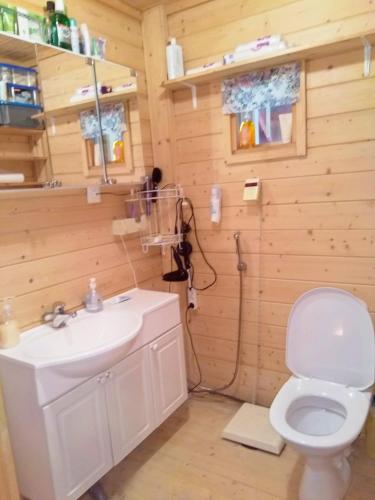 a bathroom with a white toilet and a sink at Villa Niki in Telataipale