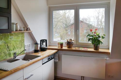 kuchnia ze zlewem i oknem w obiekcie Gästehaus Kibbel w mieście Bosau