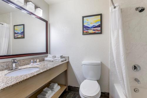 a bathroom with a sink and a toilet and a mirror at Comfort Inn San Diego Miramar in Miramar