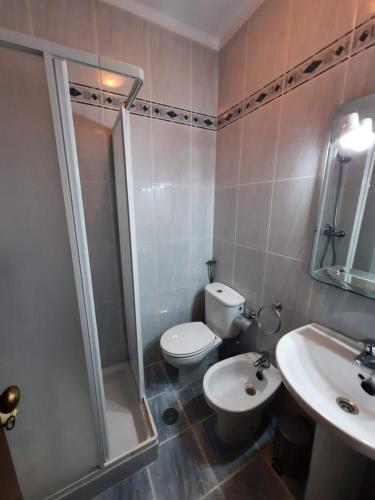 uma casa de banho com um WC, um chuveiro e um lavatório. em Casa Araci em Vieira do Minho